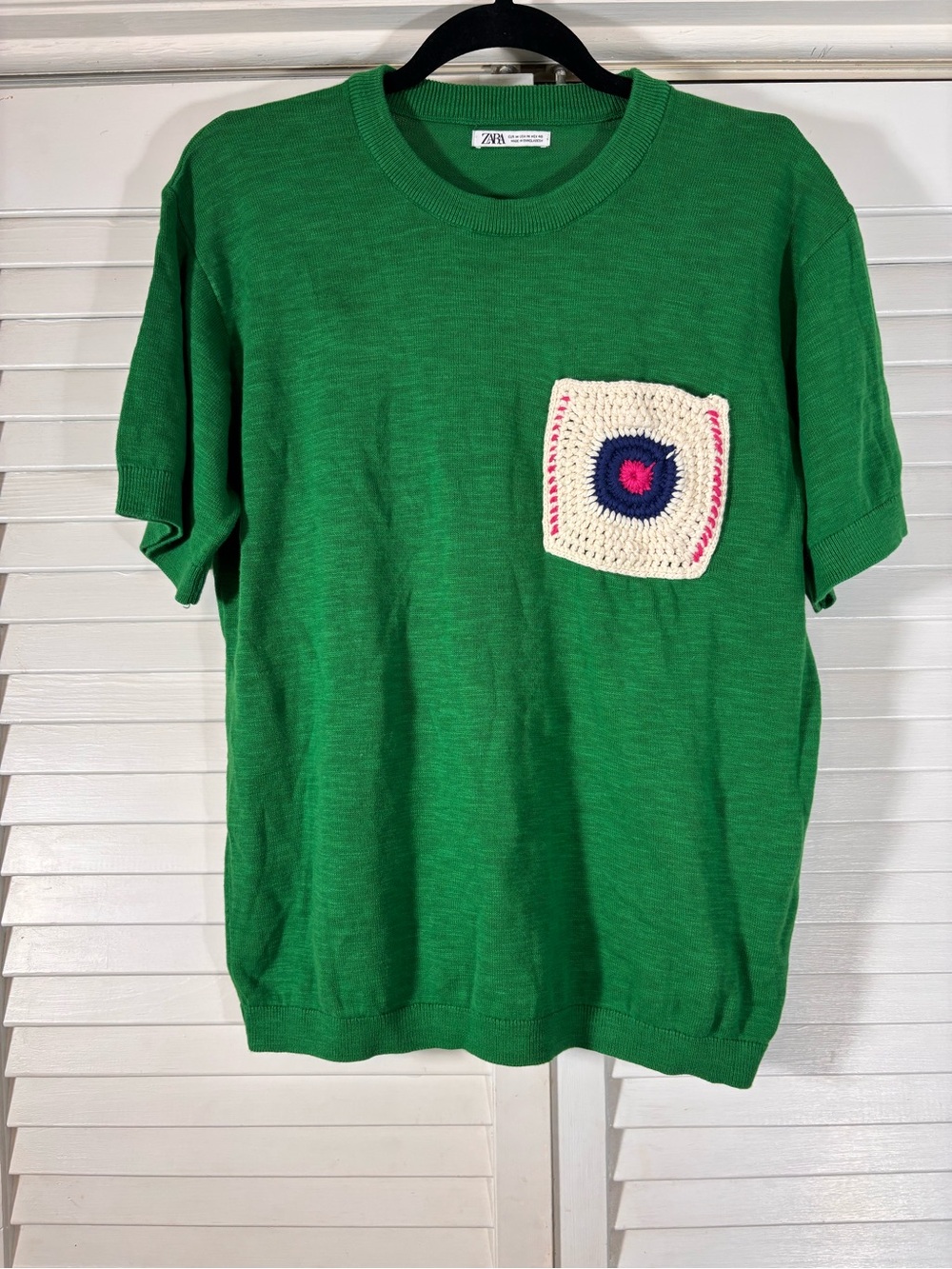 Zara Men's Green Short-Sleeve Knit Sweater Crochet Granny Square Pocket Medium